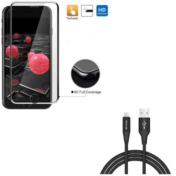 iPhone 8/7/6S/6 - Charger Cord 10ft USB Cable w Tempered Glass Screen Protector - Power Wire Braided Long Sync, 4D Touch Curved Edge Full Cover Bubble Free Soft Edge Hybrid for iPhone 8/7/6S/6