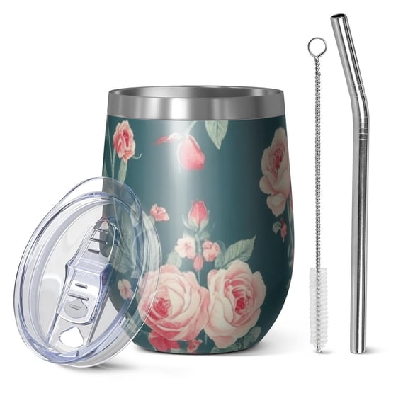 12oz Stemless Wine Tumblers Pioneer Flower Floral Print Pattern Vacuum Insulated Stainless Steel Travel Tumbler Cups Mug with Lid and Straw for Champaign,Cocktail,Beer with Cleaning Brush