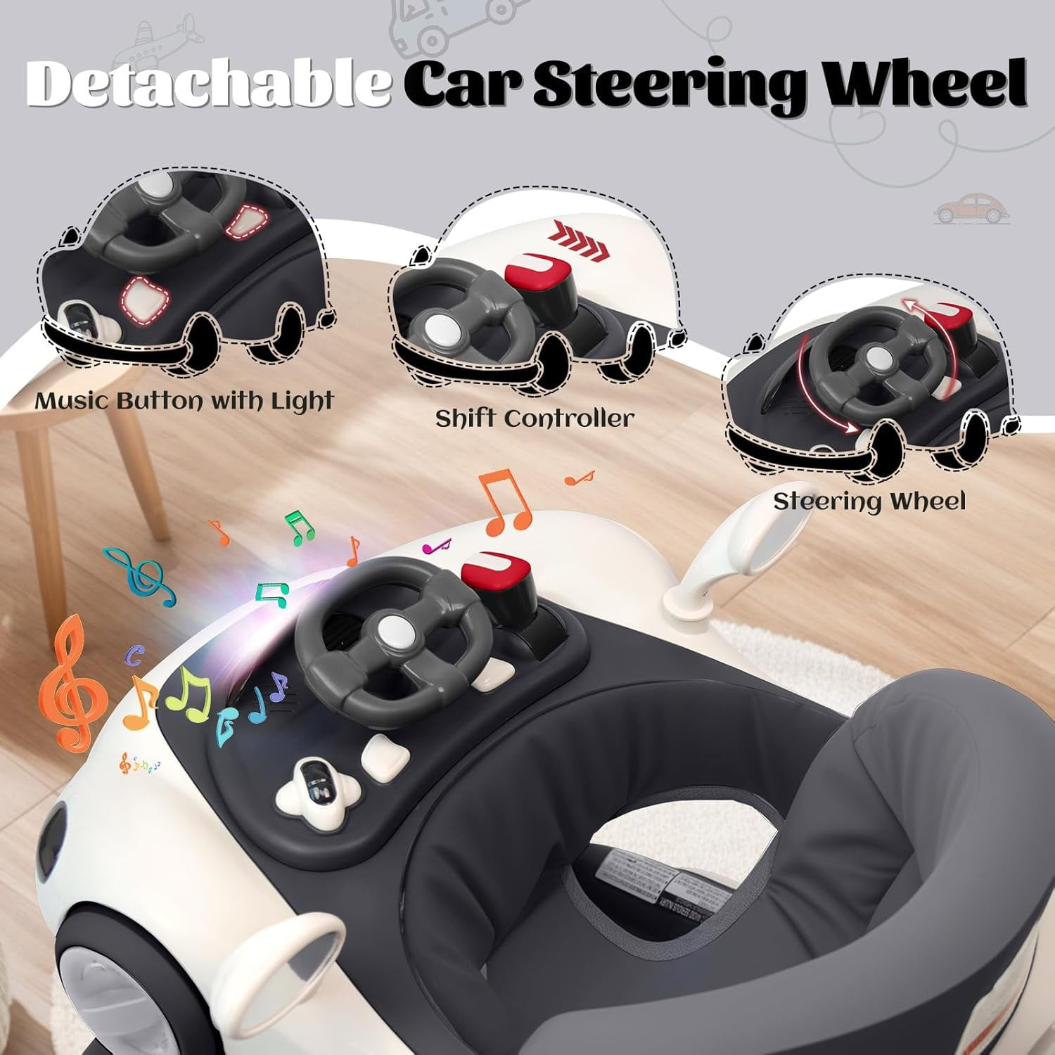 5 in 1 Baby Walker for Boys Girls,Foldable,Music,Light,Jumper,Rocking,Push,Height Adjustable Training Activity for Babies Infant 6-18 Months,Black