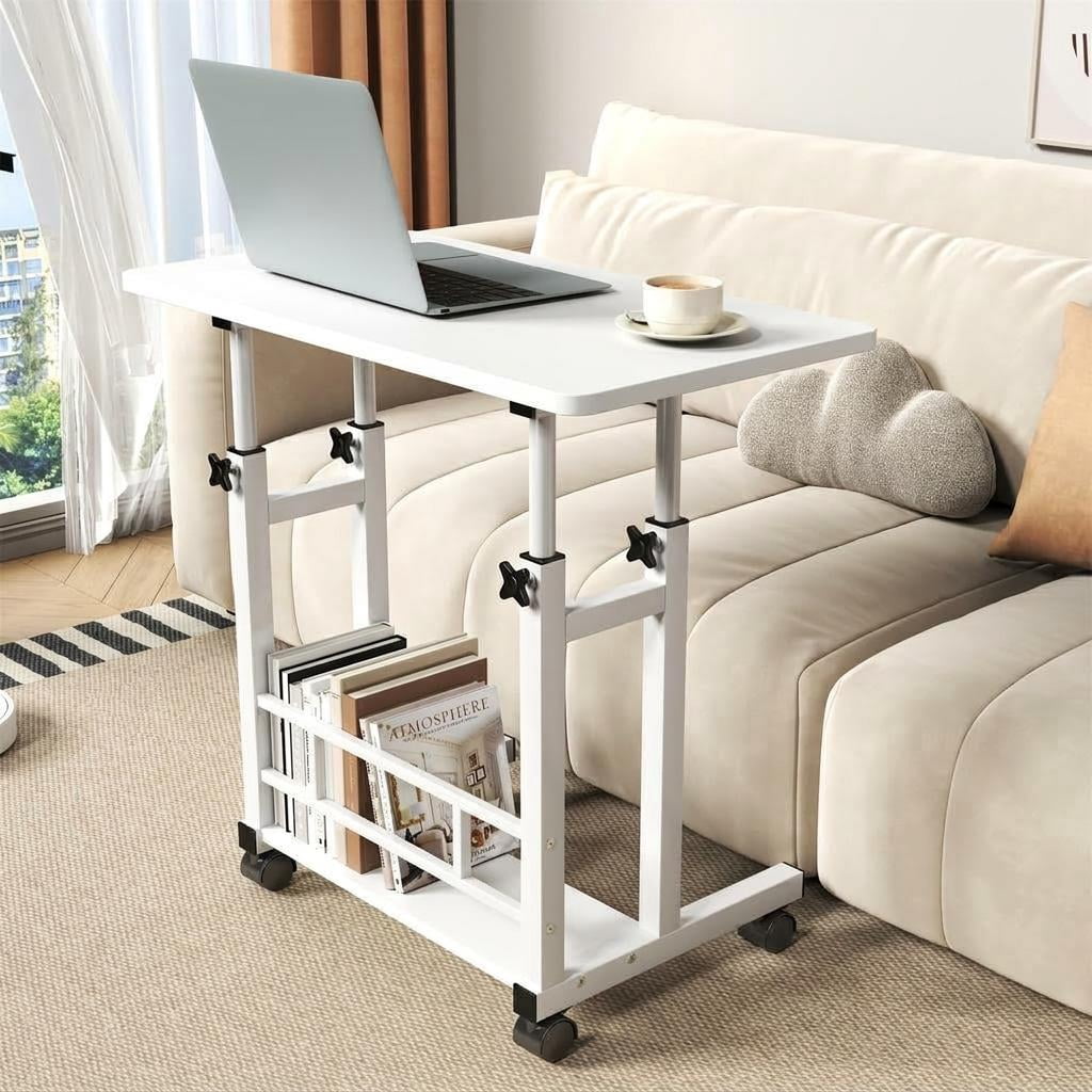 Adjustable Height Mobile Standing Desk with Wheels, 31.5×15.75 Inch Portable Rolling Laptop Computer Desk, 27.16"-35.43" Height Sit Stand Workstation for Small Space Home Office Bedroom White
