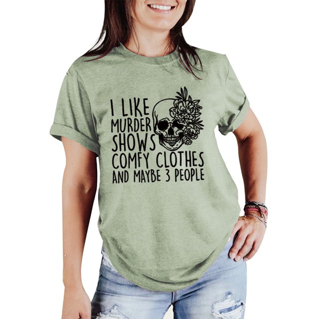 Camiseta de manga corta para mujer, cuello redondo, moda elegante e informal, talla M, color verde oliva, con estampado negro