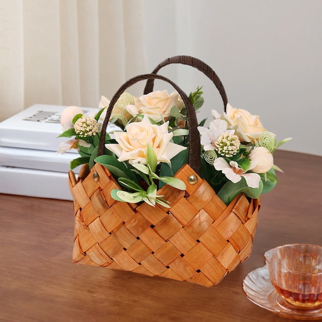 TIMIFIS Artificial Flowers In Basket,Wicker Rattan Basket with Fake Flowers Decorative Wicker Flower Basket with H andle for Home Wedding Birthday Decor(Include Basket and Flower)