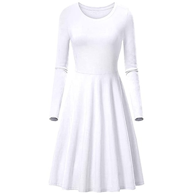 Offres de Liquidation d'Automne! Robes Décontractées pour Femmes, Robe Élégante à Col Rond et Manches Longues pour Femmes, Blanc, TTTG