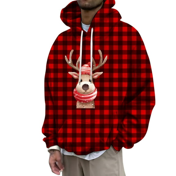 CONZONE Christmas Mens Hoodies Xmas Deer Hoodie for Men Graphic Long Sleeve Pullover Hooded Sweatshirt Soft Fall Winter Sweatshirts With Pocket
