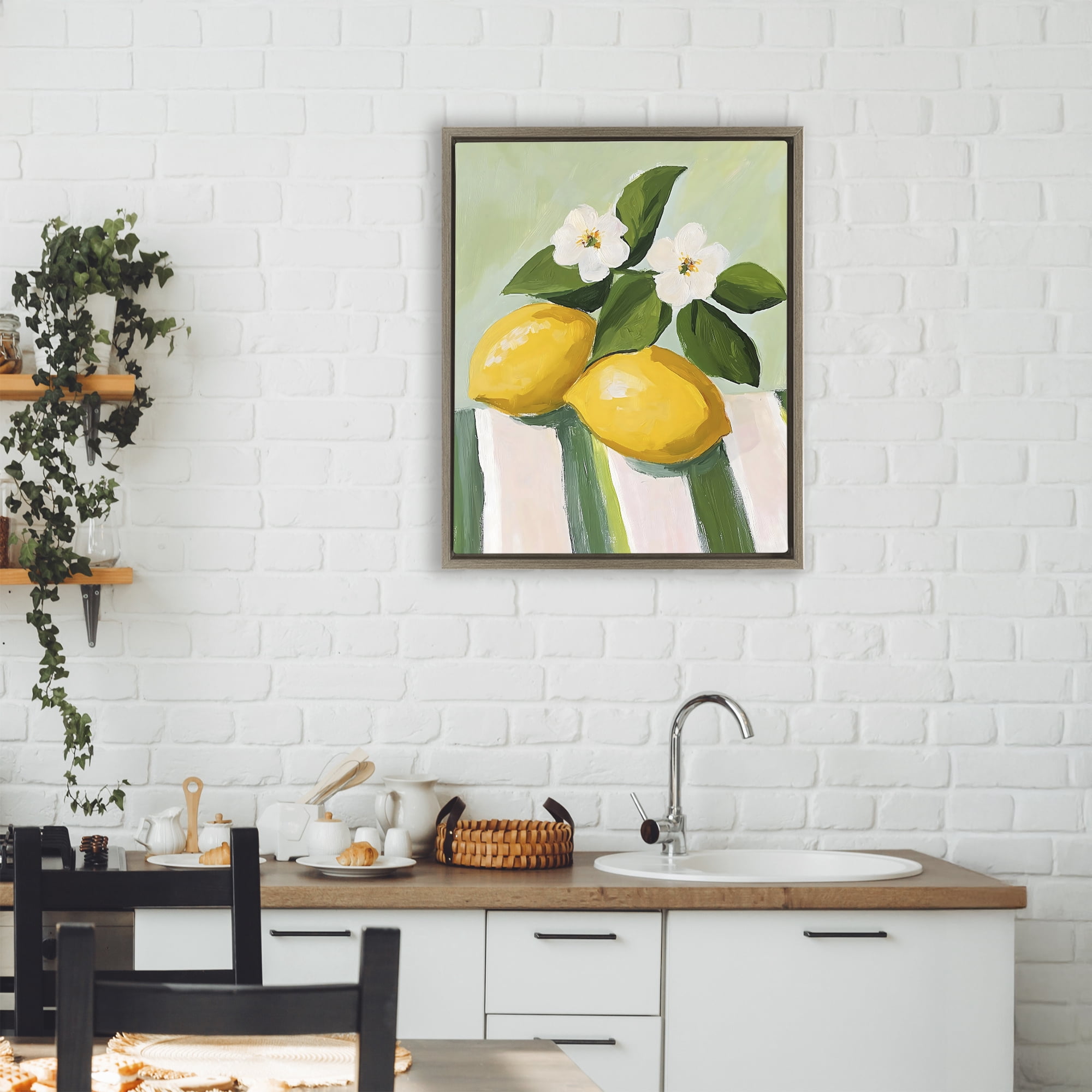 Stupell Industries Lemons And Daisies on Tablecloth Brown Framed Floater Canvas Wall Art, design by The Prints Vibe