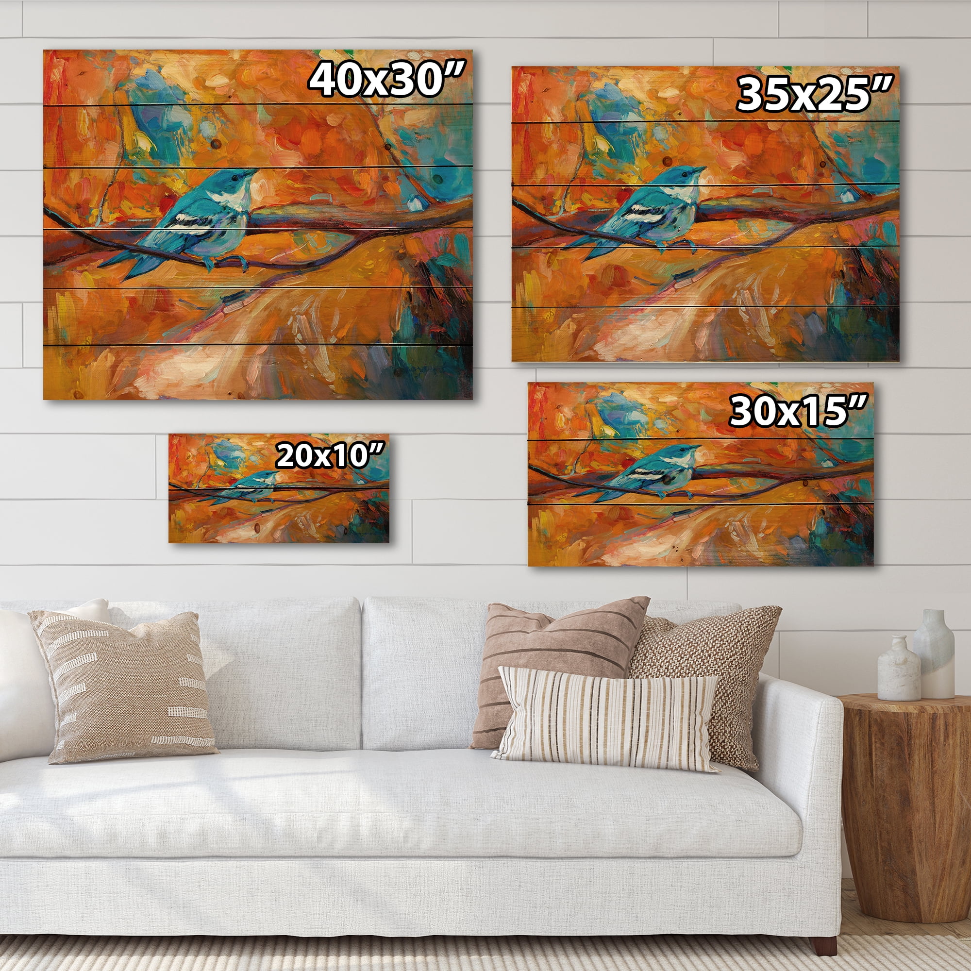 Designart 'Blue Cerulean Warbler Bird Sitting On A Branch' Traditional Print on Natural Pine Wood