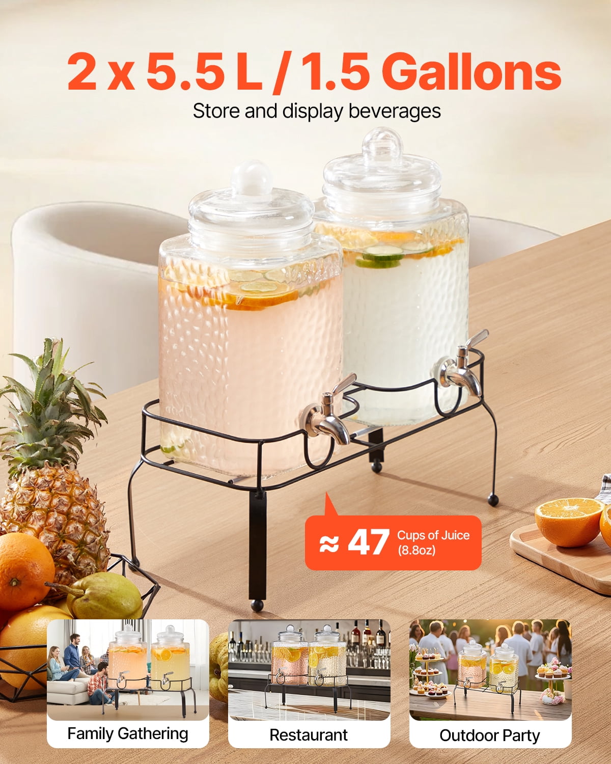 VEVOR Beverage Dispenser, 2 Pack 1.5 Gallon Drink Dispensers for Parties, Glass Juice Dispenser with Metal Stand, Stainless Steel Spigot, Iced Tea Lemonade Juice Water Dispensers for Parties