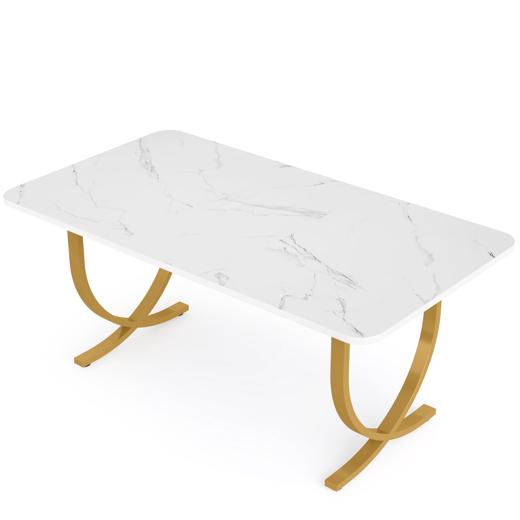 Fnova 63" Modern Long Dining Table for 6 people, Rectangular Faux Marble Kitchen Table with Metal Legsfor Dining Room, White Gold