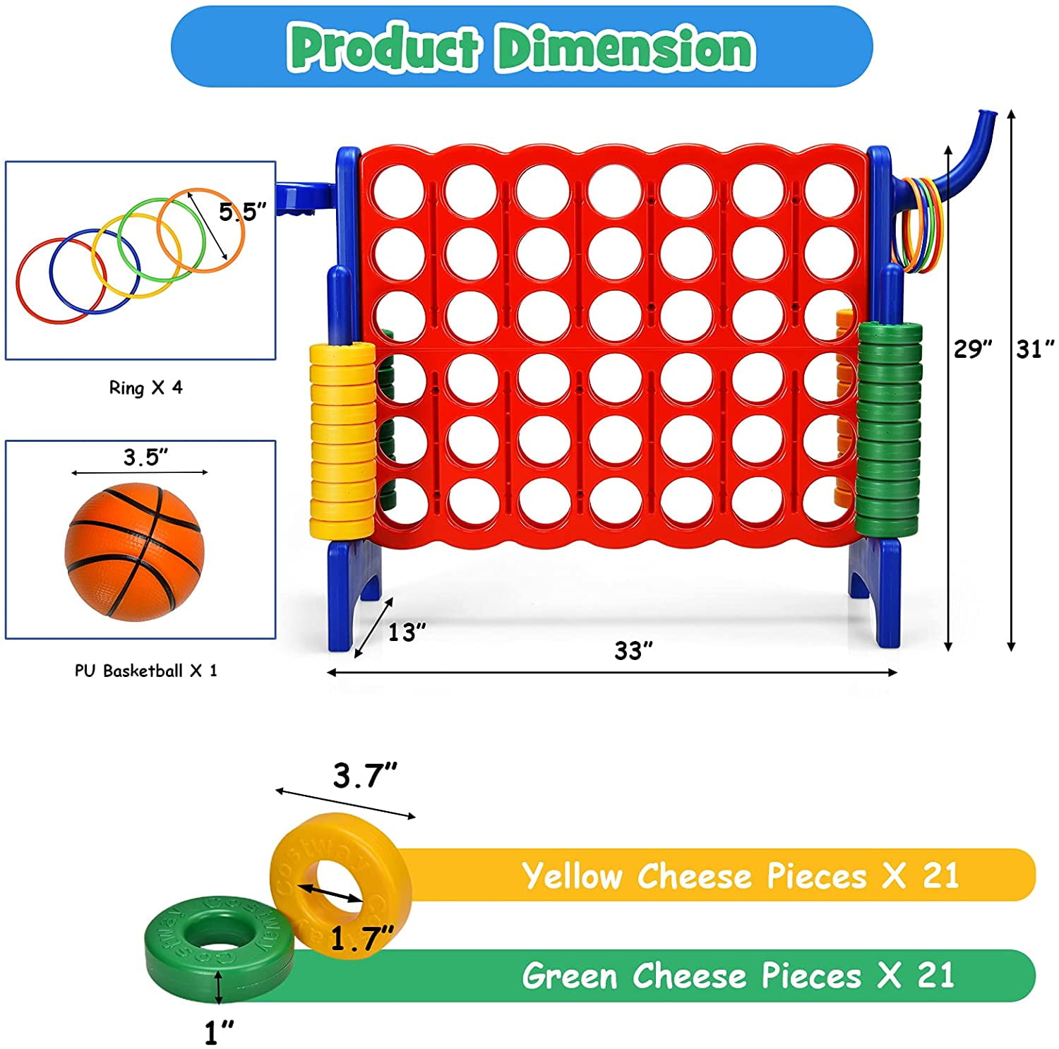 ZJTER Jumbo 4-to-Score Giant Game Set for Kids & Adults, 2.5Ft Indoor Outdoor Game with Basketball Hoop, Ring Game, 42 Jumbo Rings, Quick-Release Slider, Perfect for Birth & Holiday Party