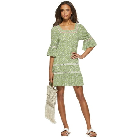 Scoop Women's Floral Print Dress with Ruffle Sleeves