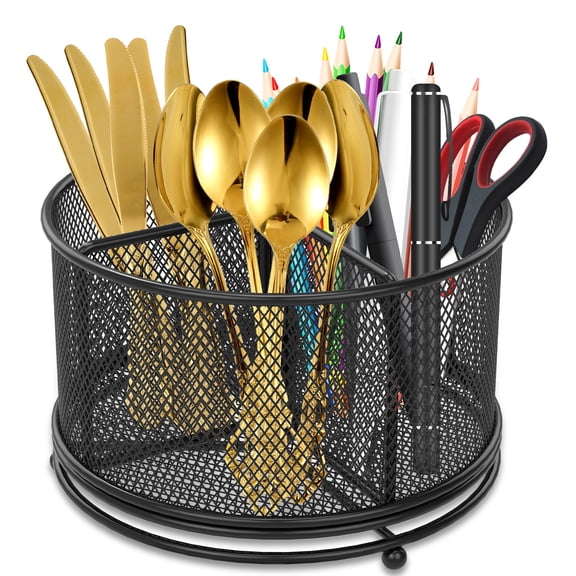 Jetcloudlive 360°Utensil Caddy Kitchen Utensil Holder, Metal Utensil Organizer 4-Compartment Metal Utensil Caddy Rotatable Cutlery Holder Multifunctional Flatware Organizer for Home