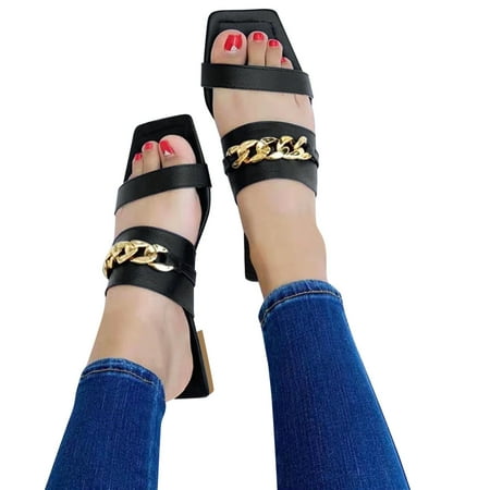 

〖Yilirongyumm〗 Black 39 Sandals Women Ladies Fashion Solid Color Leather Metal Chain Flat Casual Beach Sandals