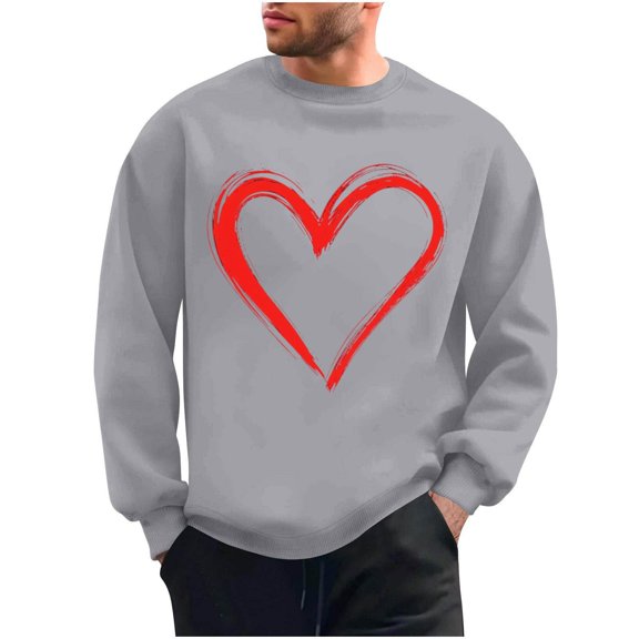 Mens Valentines Day Sweatshirts Love Heart Printed Graphic Casual Loose Long Sleeve Crewneck Pullover Shirts Top (L, Gray)
