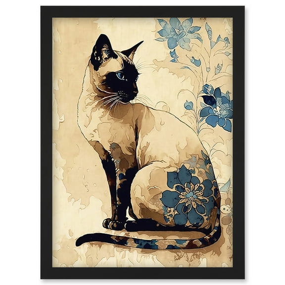 Siamese Cat with Blue Flowers Watercolour and Ink Modern Illustration Artwork Framed Wall Art Print A4