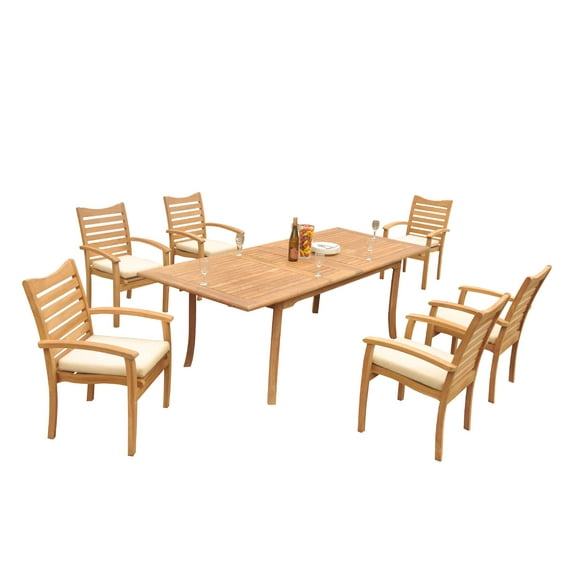 Grade-A Teak Dining Set: 6 Seater 7 Pc: 94" Rectangle Table And 6 Aspen Stacking Arm Chairs Outdoor Patio WholesaleTeak #51AP2007