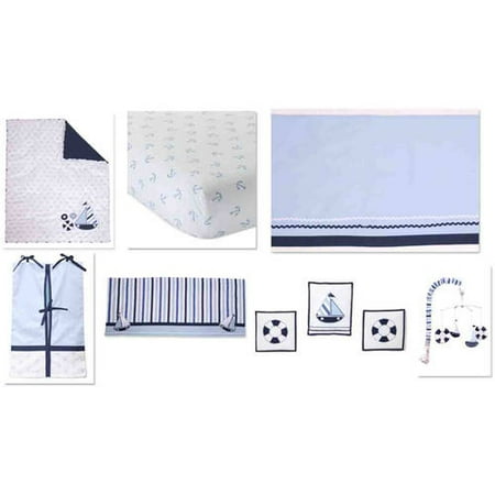 Bacati Little Sailor 10-Piece Nursery-in-A-Bag Boys' Crib Bedding Set 100 Percent Cotton Percale Boys Crib Bedding Set with 2 Crib Fitted Sheets For US Standard Cribs