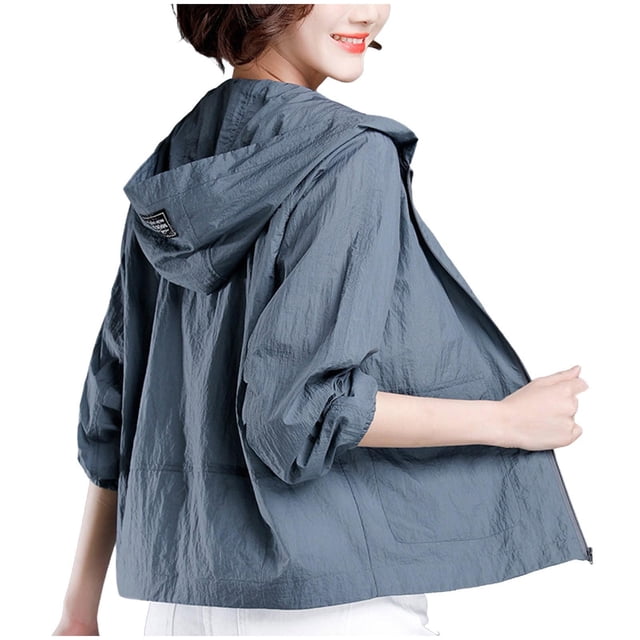 TACILIP Vestes Courtes de Protection Solaire pour Femmes Grande Taille à Fermeture Éclair Manches Longues Chandail à Capuchon Vestes d'Automne Mode Décontractée Vestes d'Extérieur avec Poches, Vêtements d'Automne pour Femmes