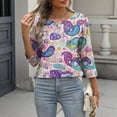 thumbnail image 5 of Women's Graphic Printed T-shirts 3/4 Length Sleeve Tees Crew Neck Spring Fall Summer Tops with Buttons (M, Purple), 5 of 7