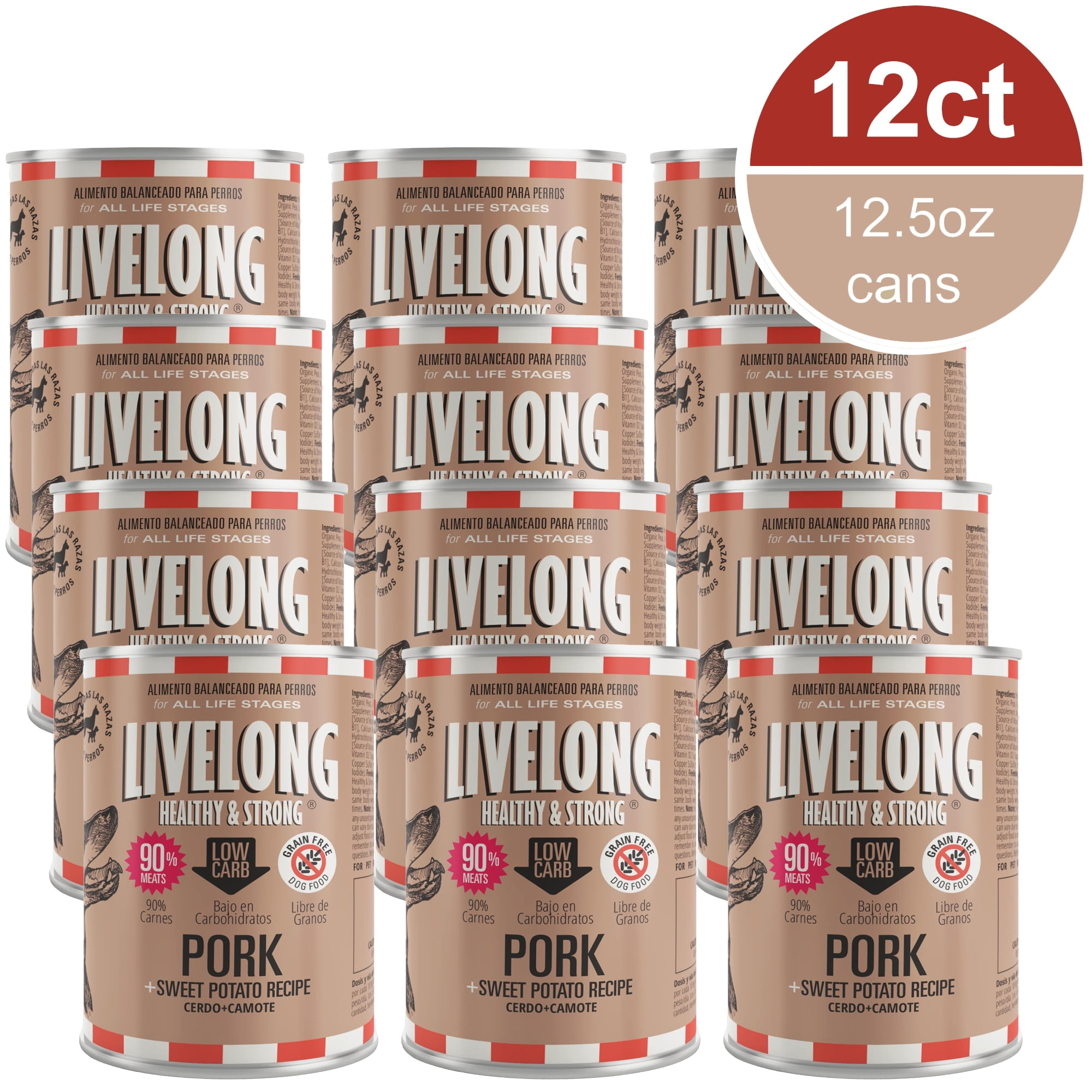 Livelong Healthy & Strong: 12 Pack: Pork & Sweet Potato Recipe - 12.5oz Cans, Wet Dog Food, High Protein, All Natural, No Preservatives,