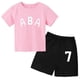 thumbnail image 3 of Ropa de bebé con estampado de letras para niños y adolescentes, conjunto de camiseta y pantalones cortos de verano de 2 piezas, conjunto informal de manga corta para niños y niñas, 3 of 5