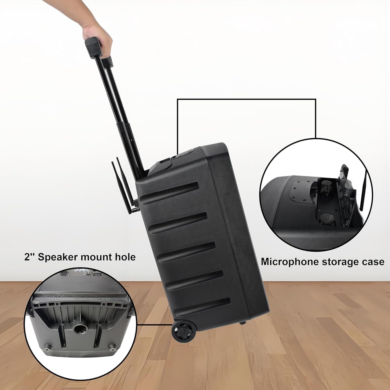 PRORECK FREEDOM 10 800W 10'' Portable Powered Bluetooth Wireless PA Speaker with 2 Wireless Microphones, Remote Control, Handle and Wheels, Active Loudspeaker