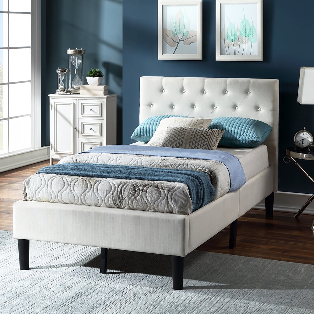 Beige Twin Bed Frame for Adults Kids, Modern Upholstered Platform Bed