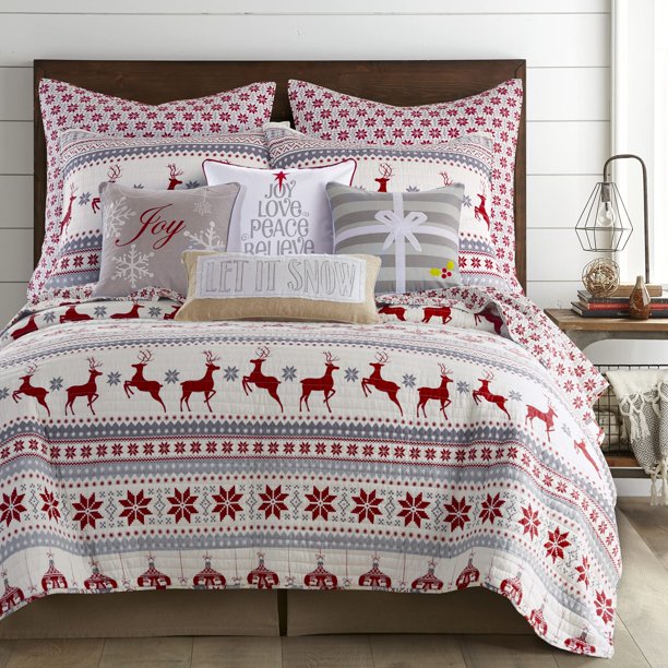 Levtex Home – Juego De Edredón De Noche Silenciosa – Colcha Navideña Para Cama Individual/Individual Xl Y Una Funda De Almohada Estándar De 20 X 26 – Navidad Fair Isle Deer – Rojo Gris Blanco – Revers