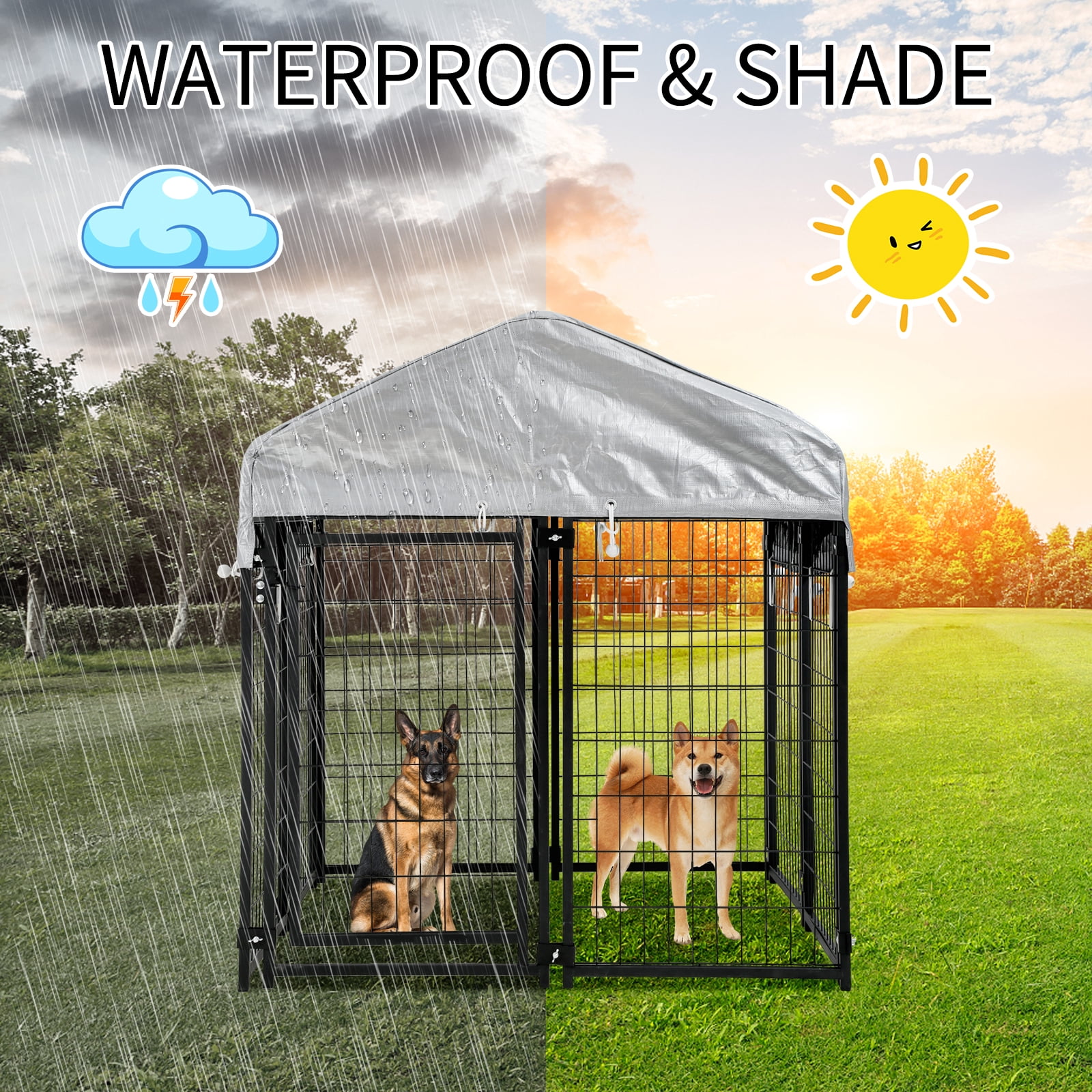 Dkelincs 4'x4'x4.4' Heavy Duty Large Dog Kennel Metal Dog Cage Crate Outdoor Pet Playpen with UV Cover, Black