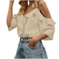 thumbnail image 2 of Qulqfy Women's Ruffle Blouses Strappy Off the Shoulder V Neck Blouses Fall Beige Womens Pure Shirts L, 2 of 3