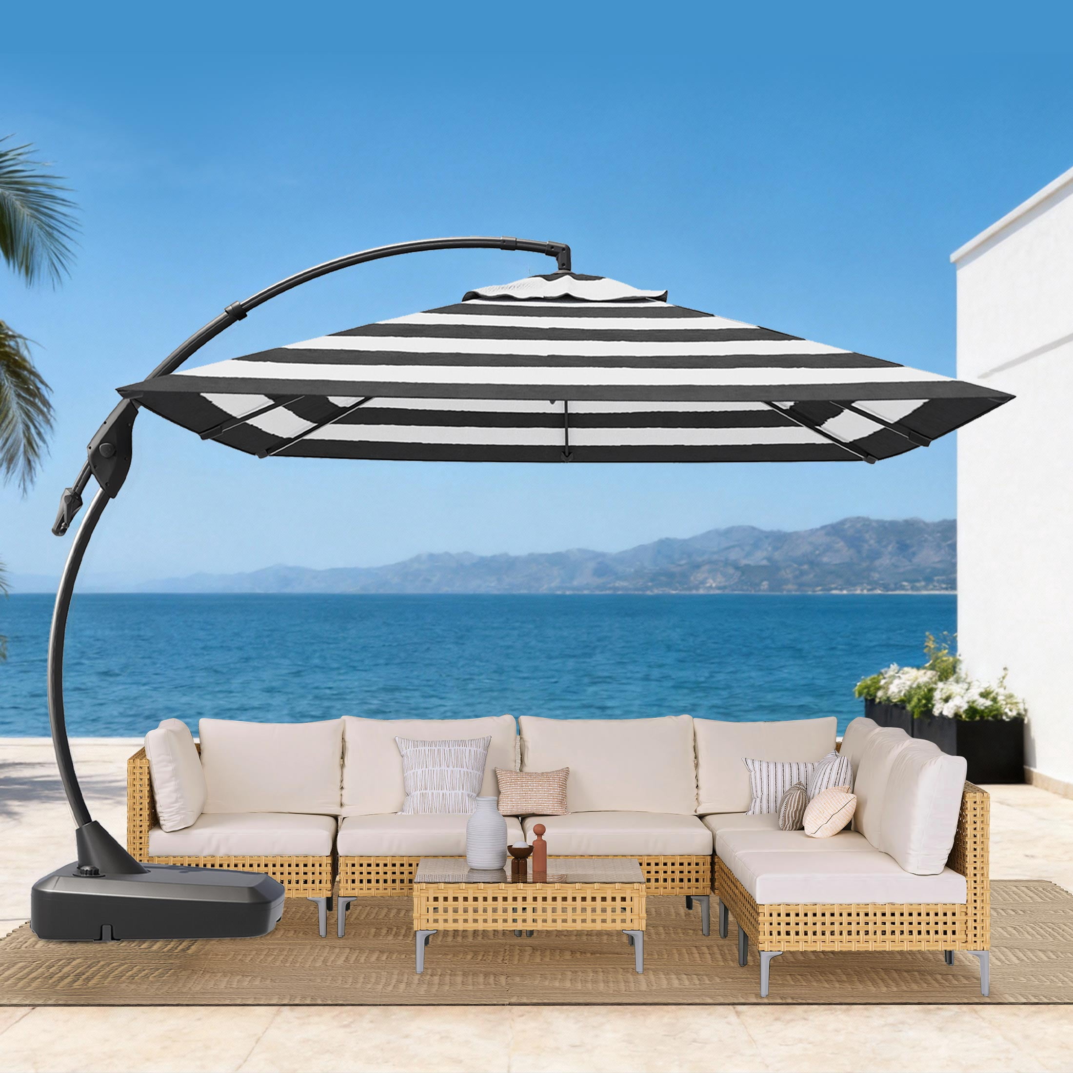 EVERITE 10x10FT Offset Umbrella - Patio Garden Use，Black and White Stripes