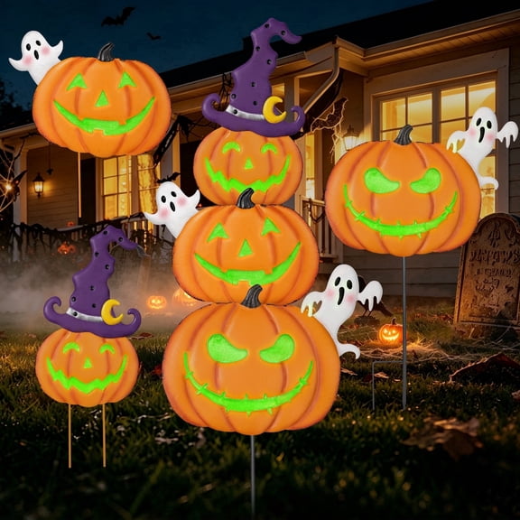 Leyaron Halloween Garden Decor, Stacked Metal Pumpkins with Witch Hat, Shimmering Halloween Yard Pumpkin Stake for Outdoor Patio Pathway Decorations