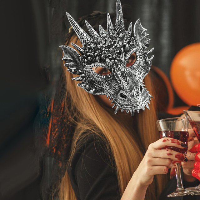 Máscara de dragón, máscara de tocado de animal, cubierta de cabeza completa de novedad de fantasía, máscara de cabeza de dragón de Halloween para carn Dorado