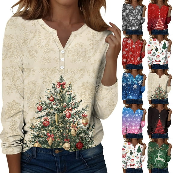 Fabrcox Christmas Henley T Shirts for Women Loose Fit Christmas Tree Print V Neck Long Sleeve Fall Spring Tops Casual Basic Tees Pullover Shirt Red S