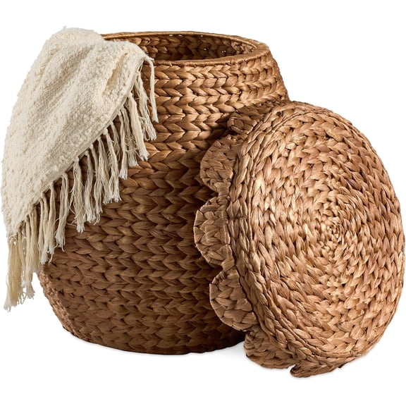 JIANYI Scalloped Multipurpose Hyacinth Storage Basket, Plant Décor, Handwoven Organizer Tote for Bedroom, Living Room, Nursey, w/Lid - Chestnut