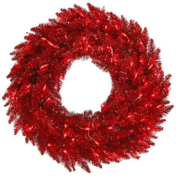 Vickerman 36" Tinsel Red Fir Artificial Christmas Wreath, Red Dura-Lit LED lights.