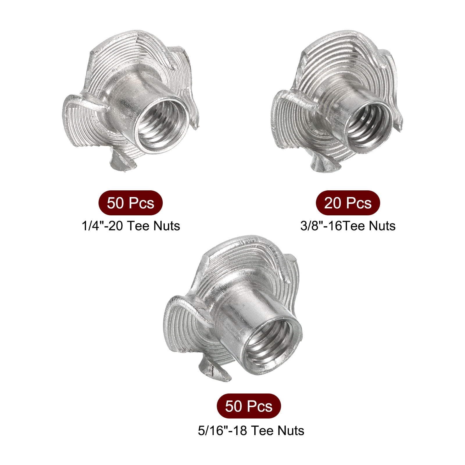 Uxcell T-nut 120 Pack 1/4"-20, 5/16"-18, 3/8"-16 Zinc Plated Steel 4 Pronged Tee Nuts
