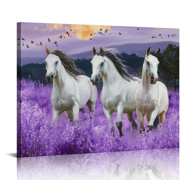 ZFLMY Horses Field Purple Canvas Wall Art Decor for Home Living Room Bedroom Kitchen Bathroom Office Salon, Ready To Hang Room Home Art Decor 16x12in