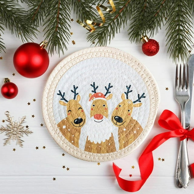 Feltree Christmas Pot Mat Round Woven Pot Mat Kitchen Meal Mat Cotton Rope Dining Table Insulation Mat Fashionable Cup Mat Suitable for Baking and Cooking Cups of Hot