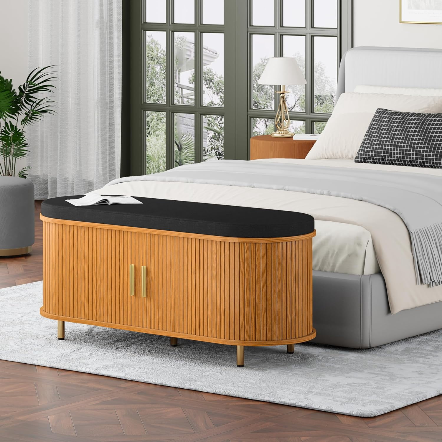 43.3" Wide Storage Shoe Bench Mid-Century Modern, 2-Tier with Thick Padded Cushion, Fluted Sliding Door & Adjustable Shelf, for Entryway, Living Room, Bedroom, Yellow Walnut