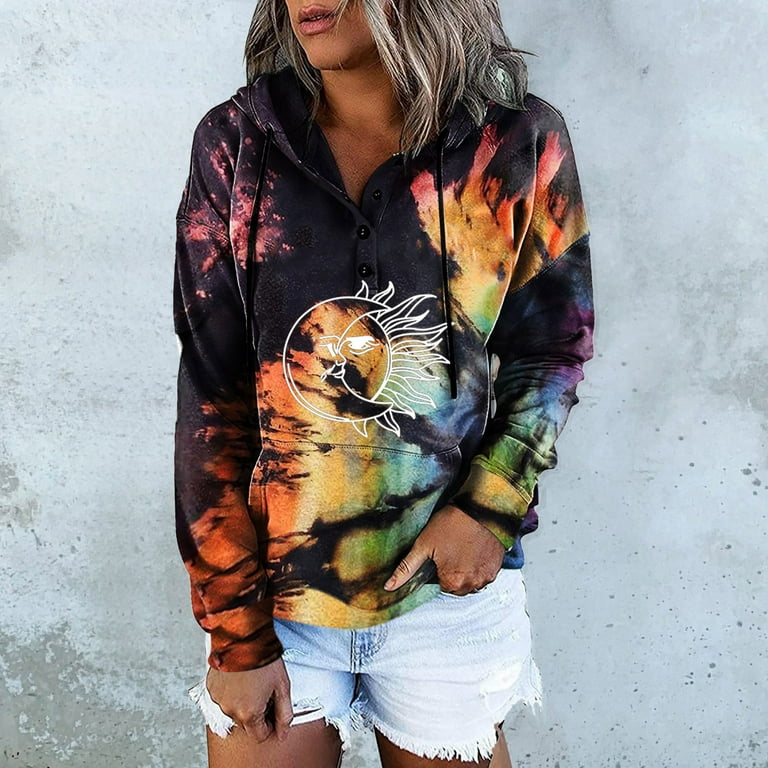 Hoodie with Strings Women O-Neck Drawstring Tie-Dye Print Long