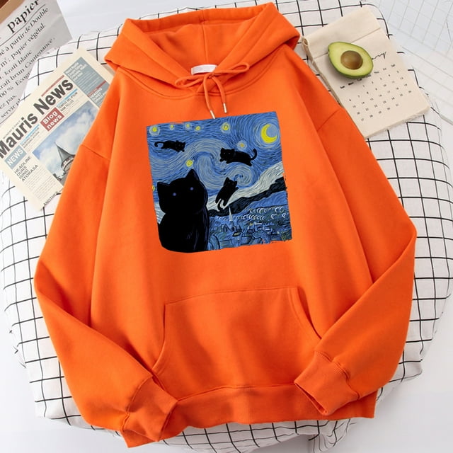 Sudaderas con capucha con estampado de noche de gato estrellado para hombre, Sudadera con capucha de gran tamaño, sudaderas de lana a la moda, Jersey informal S-Xxl, Tops