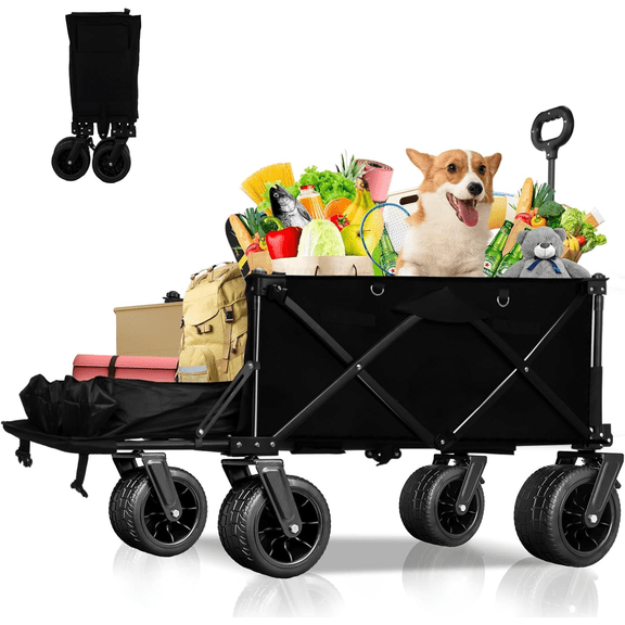 Collapsible Beach Wagon Cart with Big Wheels, 440LBS Upgrade Large Capacity Folding Wagon, Foldable Grocery Cart with Side Pocket and Brakes, Ideal for Sand Camping Outdoor Garden Sports, Black