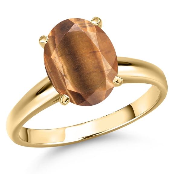 Gem Stone King 14K Yellow Gold Brown Tiger Eye Engagement Ring for Women | 4.00 Cttw | Oval 12X10MM | Gemstone Birthstone | Size 6