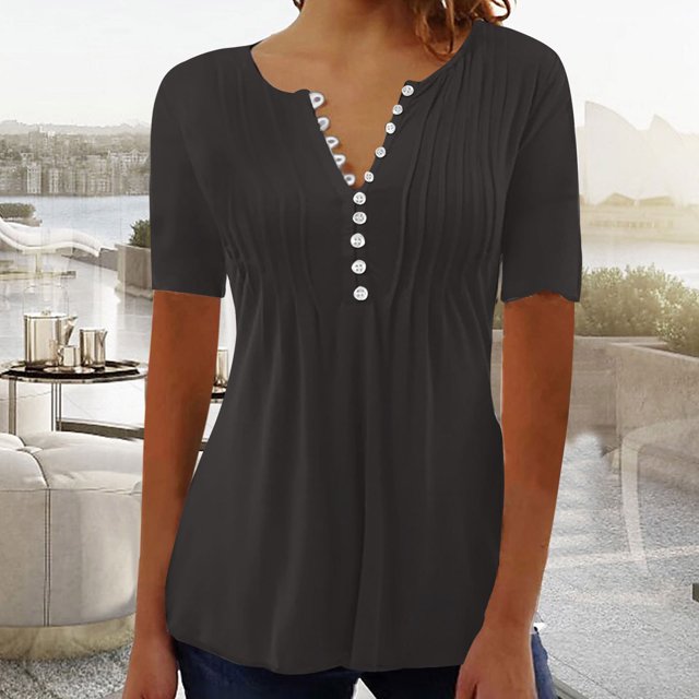 LSLJS T-Shirts pour Femmes Mode Décontractée Col Rond Plissé Couleur Unie Bouton Haut Blouse
