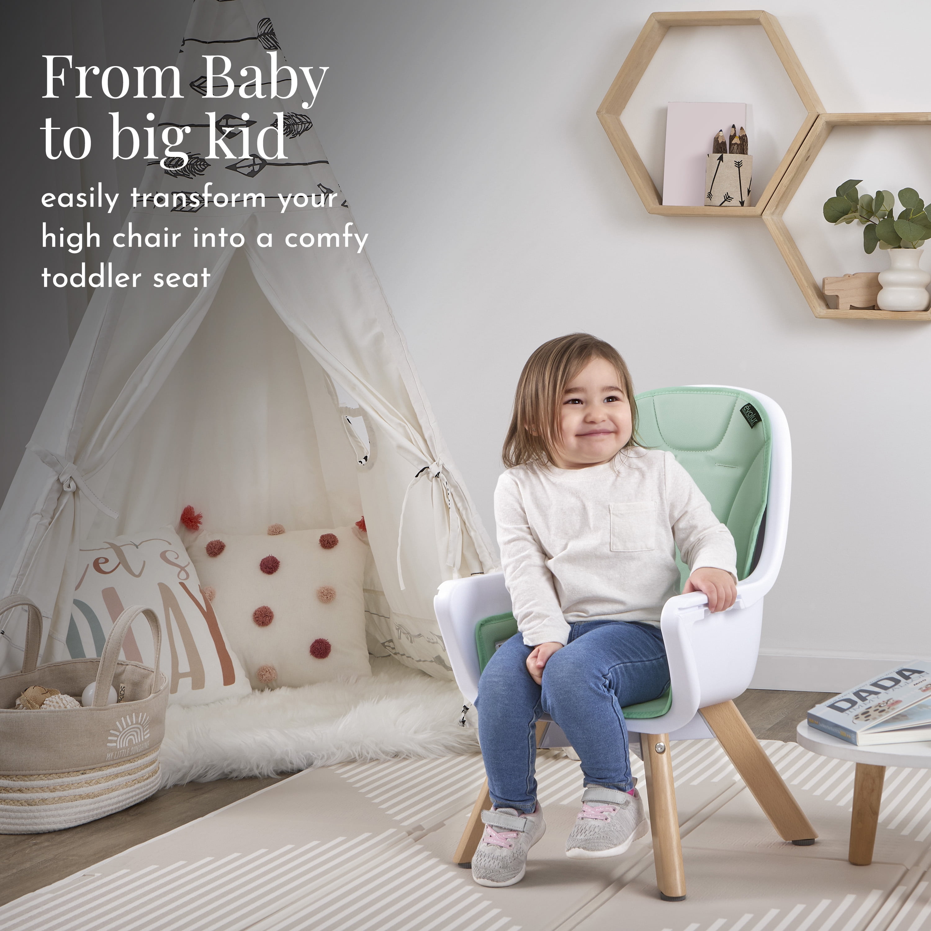 Evolur Zoodle 2-in-1 High Chair Booster Feeding Chair with Modern Design, Mint