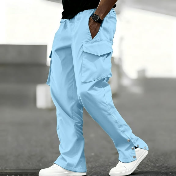 Ceisia Men Solid Color Multi Pocket Button Work Pants Outdoor Casual Gift Loose Trousers