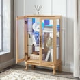 thumbnail image 3 of HIUU 43.7" Lighted Display Cabinet with Glass Doors, 3-Tier Farmhouse Curio Display Cabinet with Adjustable Shelves for Dining Room,RGB LED Lights Included,Light Oak, 3 of 9
