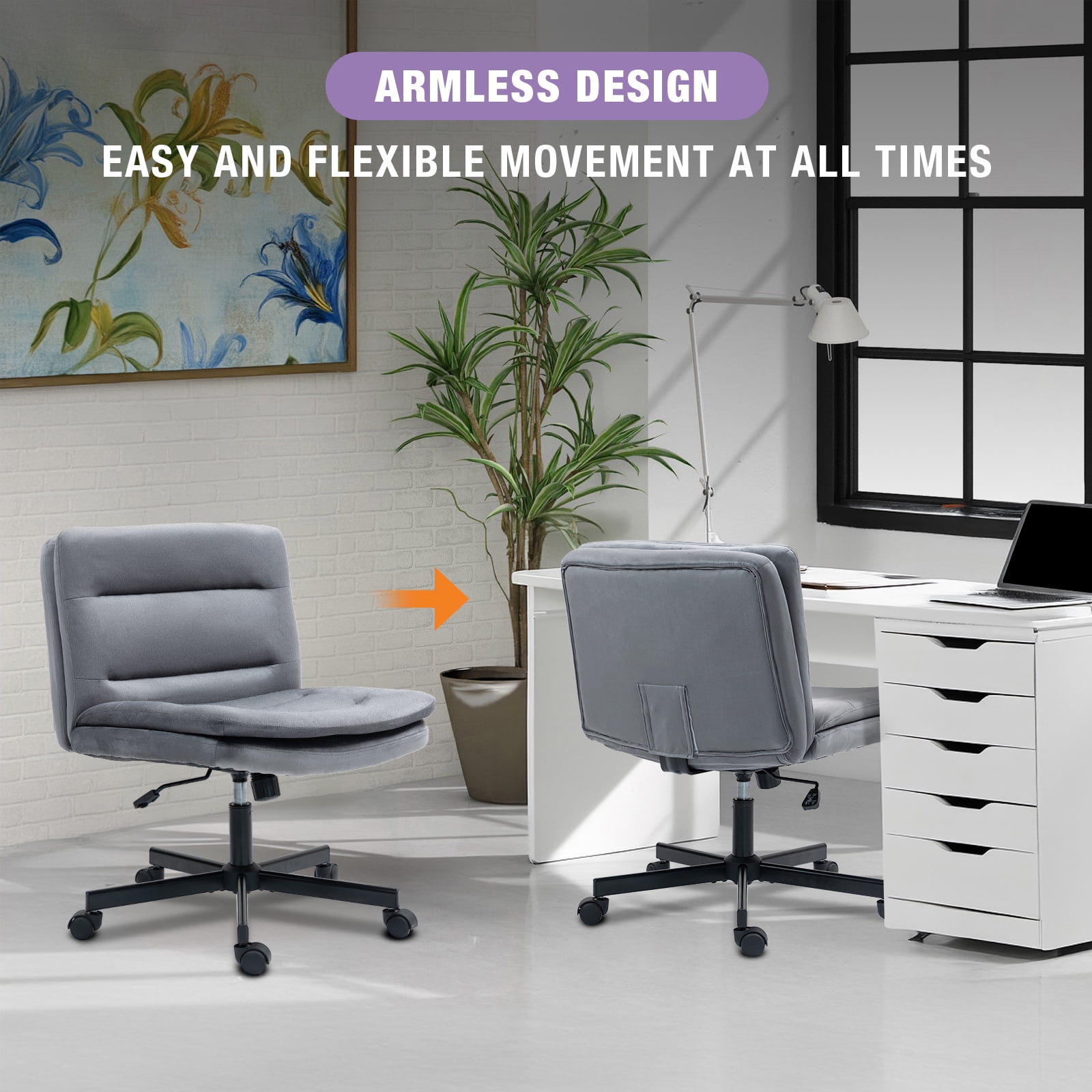 Criss Cross Legged Chair Ergonomic Home Office Desks Chair with Casters, Armless Wide Comfy Vanity Desk Seat Swivel Rolling Computer Chair, Adjustable Height, Rocking Function, Gray