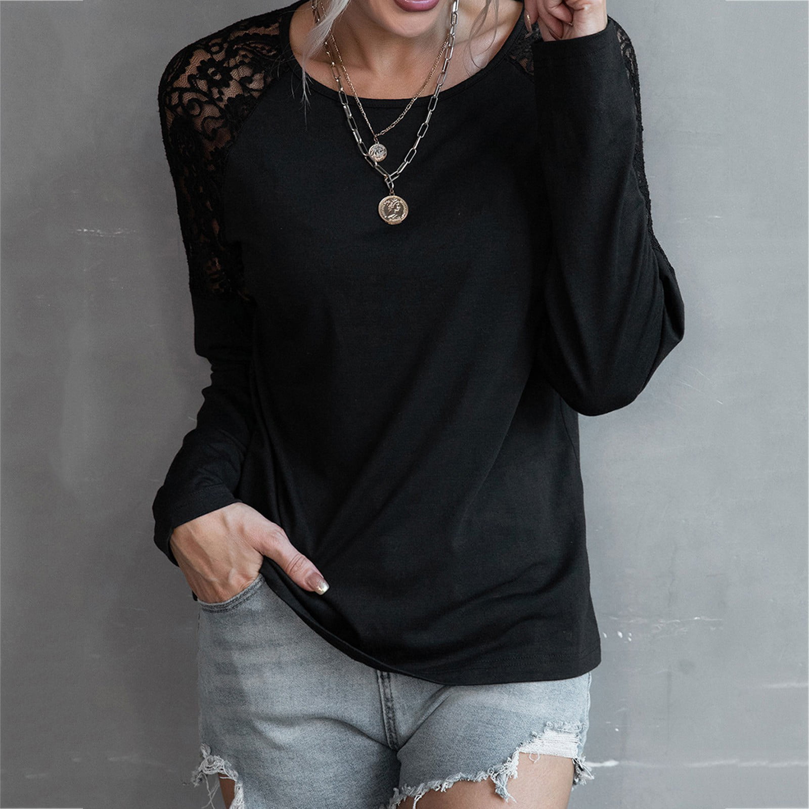 uhnmki Womens Tops Fashion Solid Color Long Sleeve V Neck Hollow Lace Loose  Top T Shirt Blouse Black at  Women's Clothing store