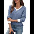 thumbnail image 3 of Camisas de Larga con Cuello en V y Bloques de Color para Mujer: Suéteres Túnica Ligeros Informales de Otoño, Conjuntos de Moda. Azul Colorido L, 3 of 10